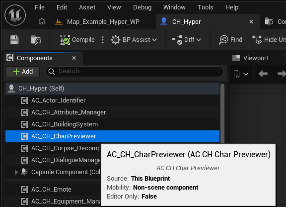 AC_CH_CharPreviewer component added to the character Blueprint