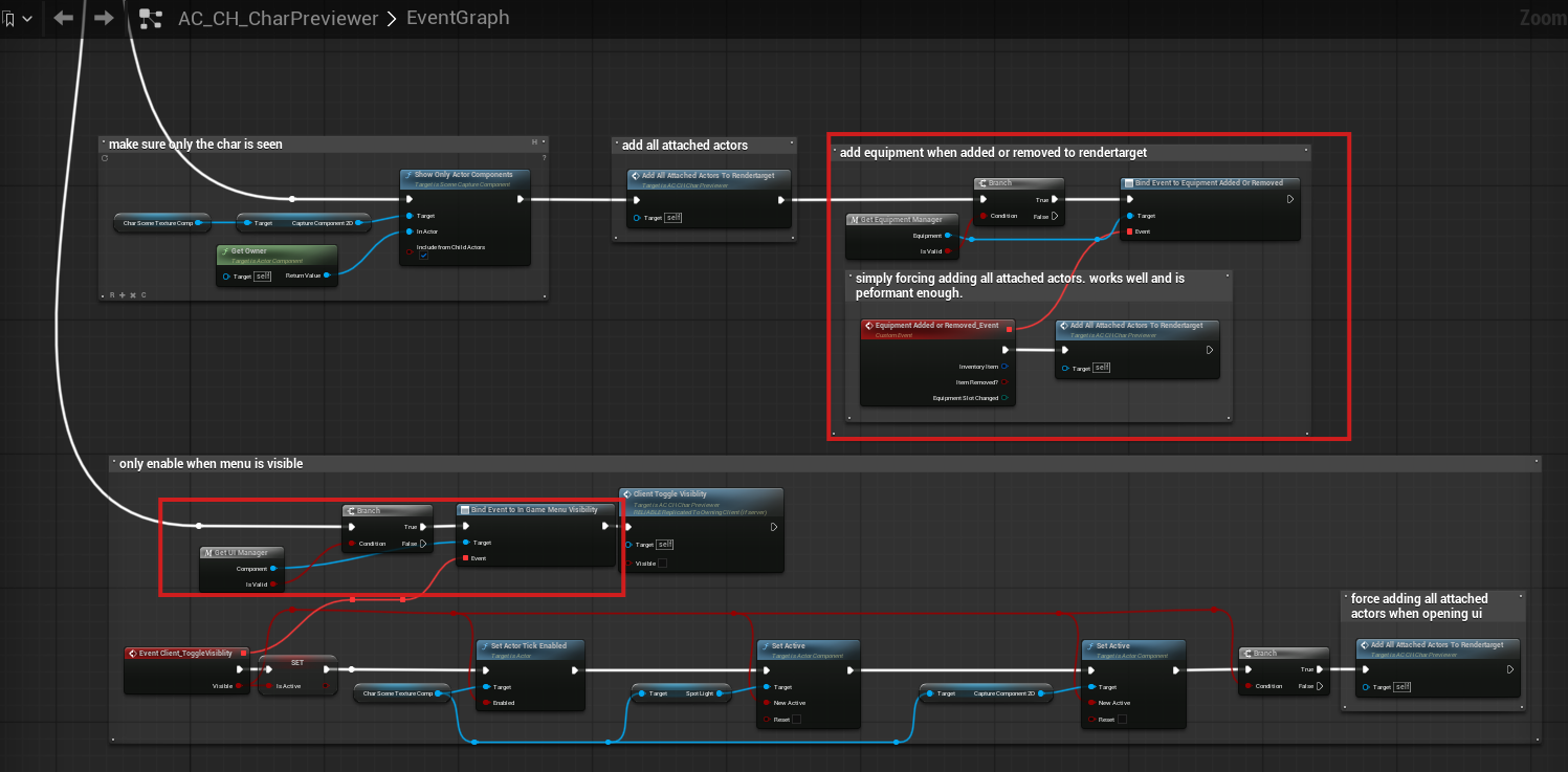 Blueprint logic for equipment updates and in-game menu visibility