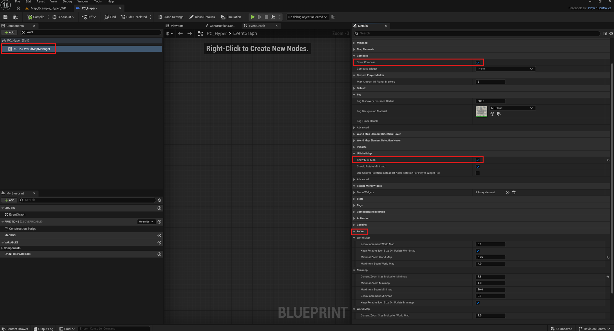 World Map Manager component settings on the PlayerController