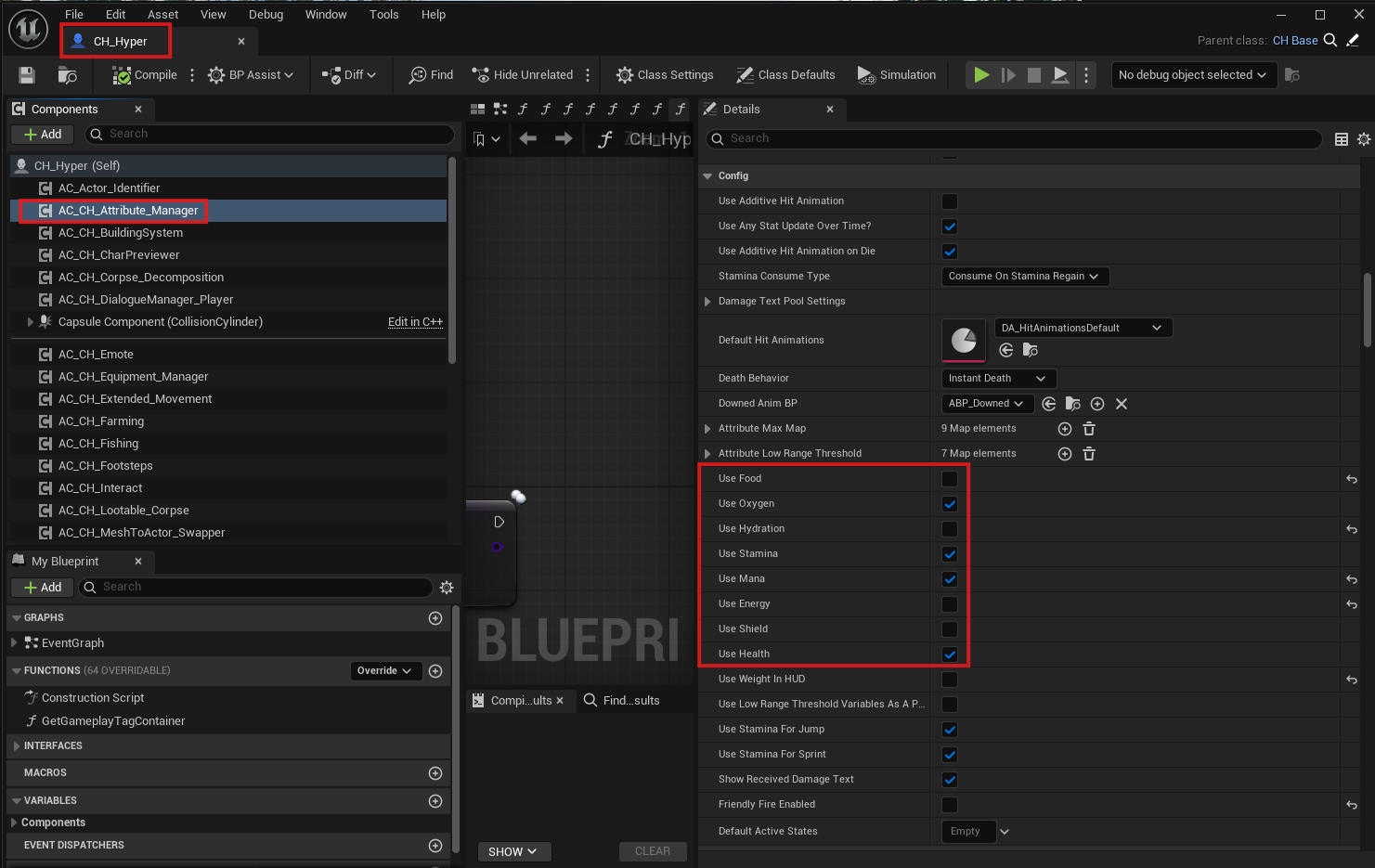 Attribute Manager usage settings on the Character Blueprint