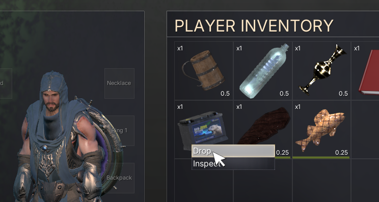Dropping an item to test custom inventory dialogue