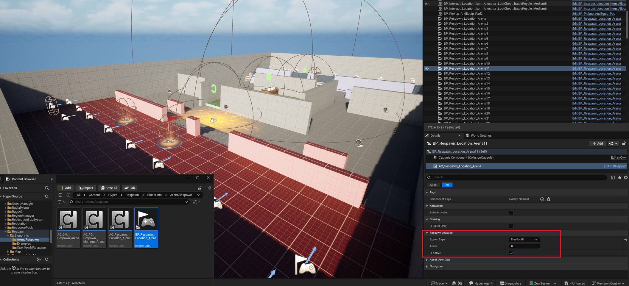 Arena respawn location team and free-for-all spawn point setup