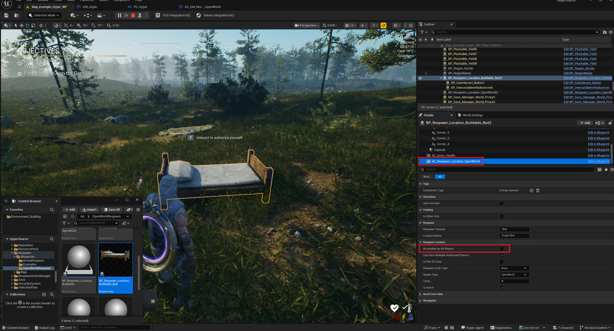 Bed as an authorized open world respawn location