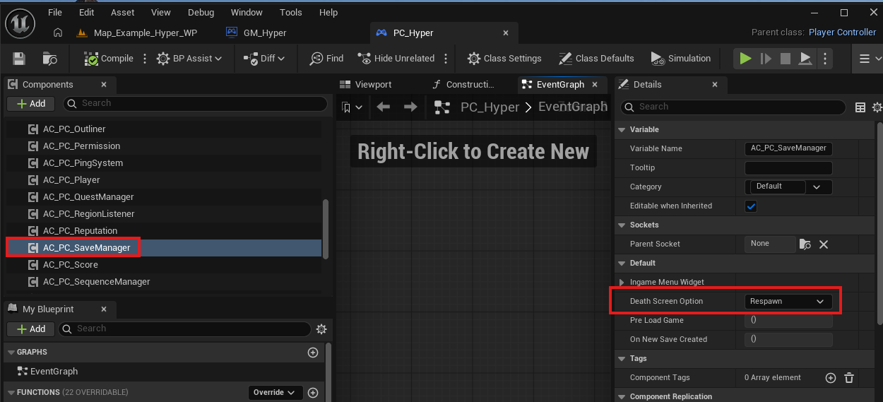 SaveManager death screen option set to Respawn
