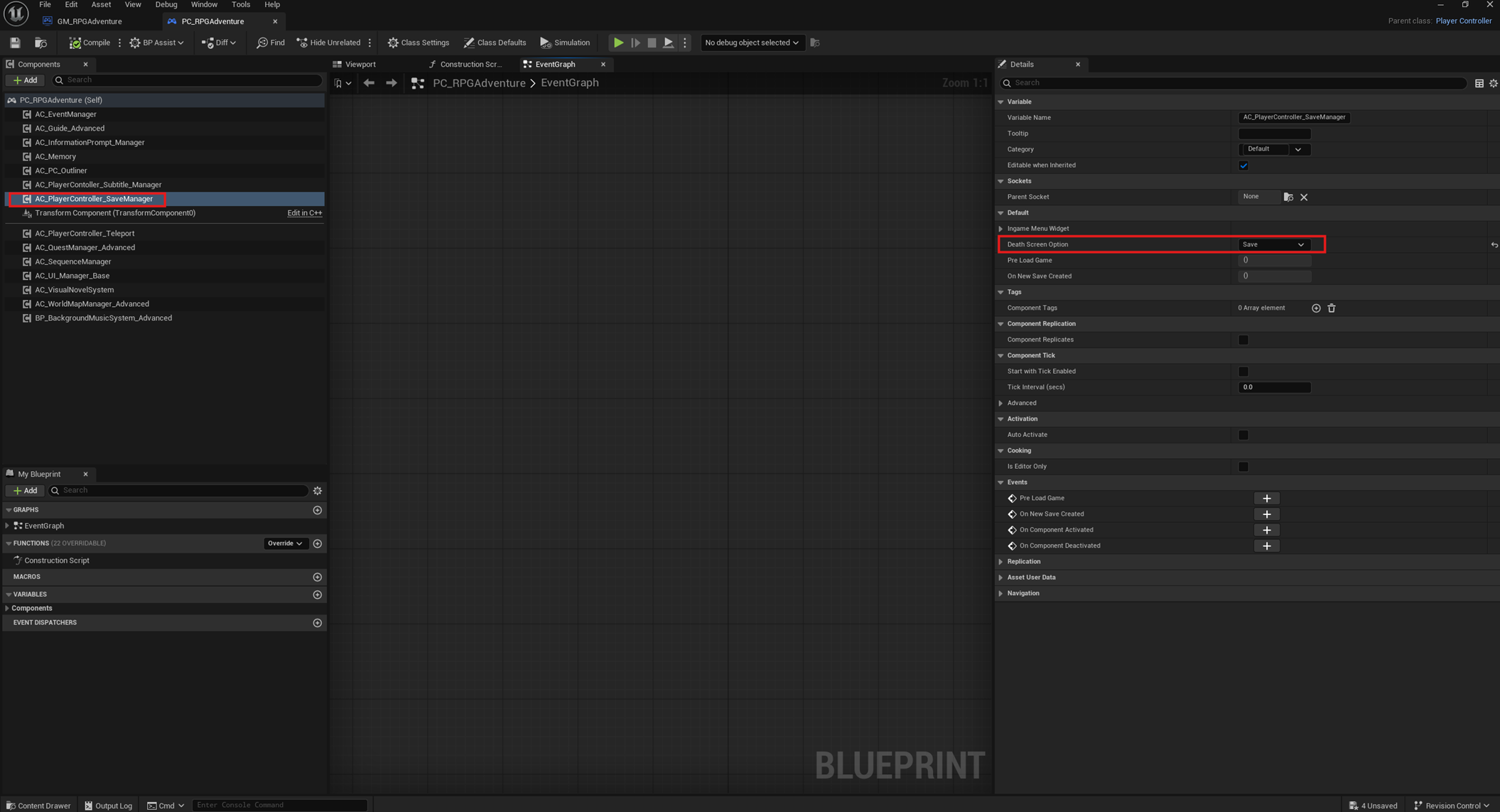 SaveManager death screen option set to Save