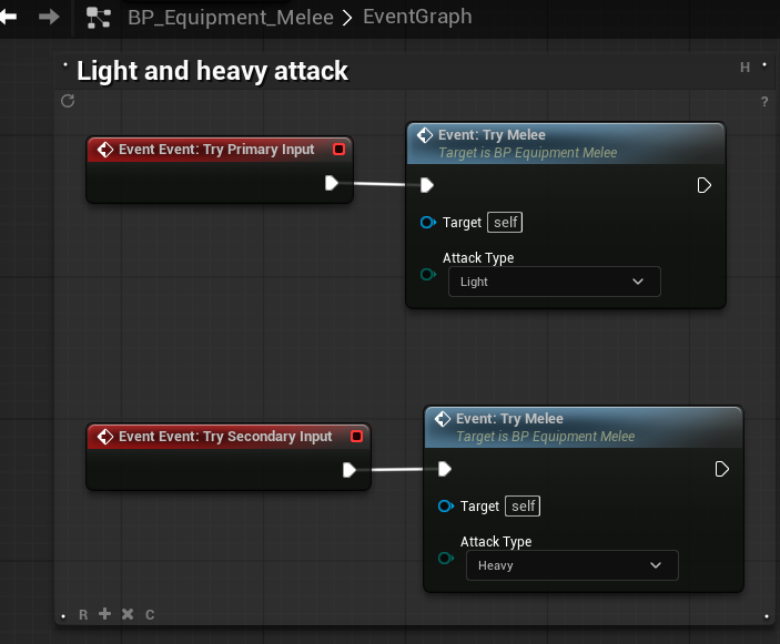 BP_Equipment_Melee primary and secondary input handling