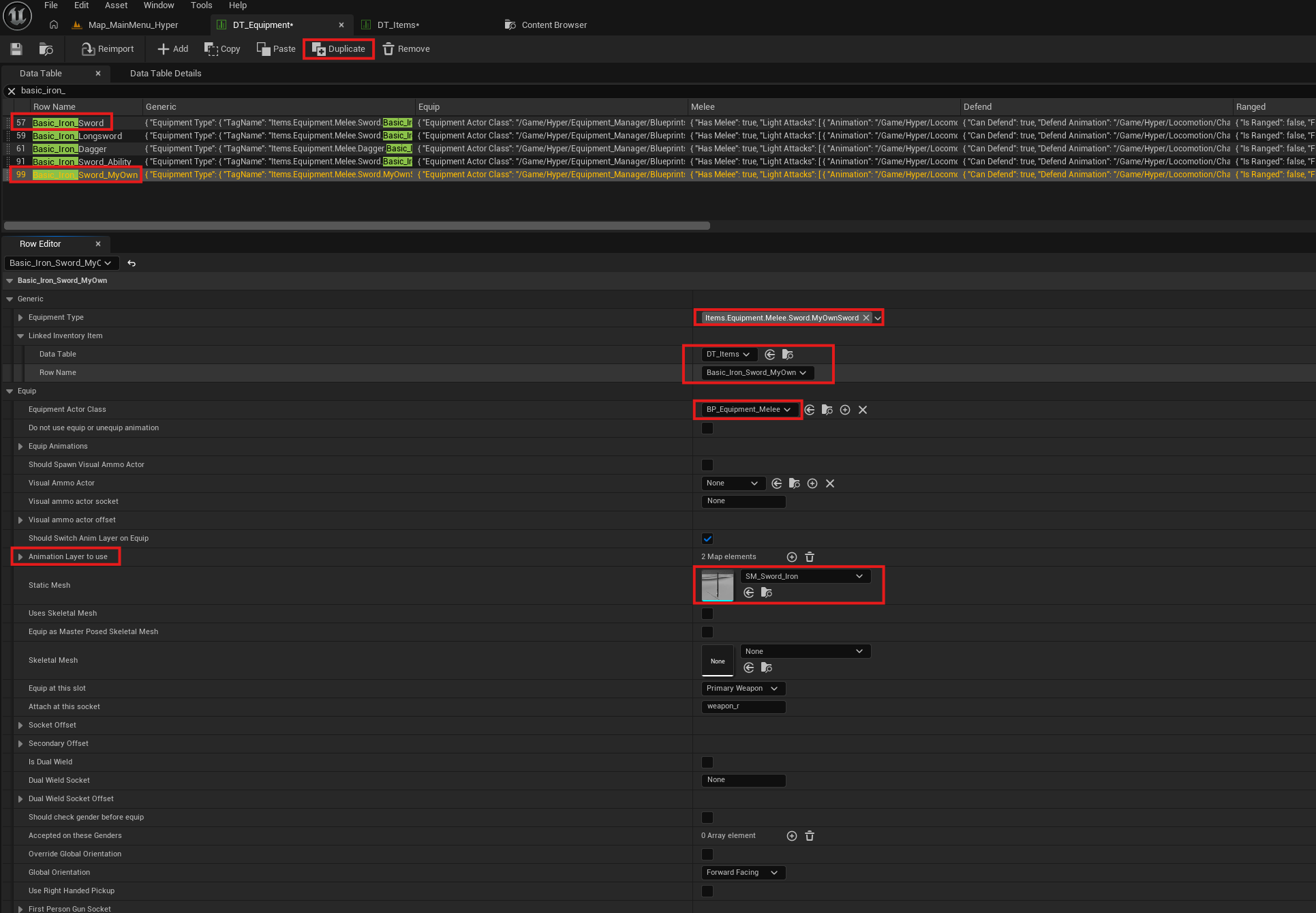 Duplicating Iron Sword in DT_Equipment and setting core variables