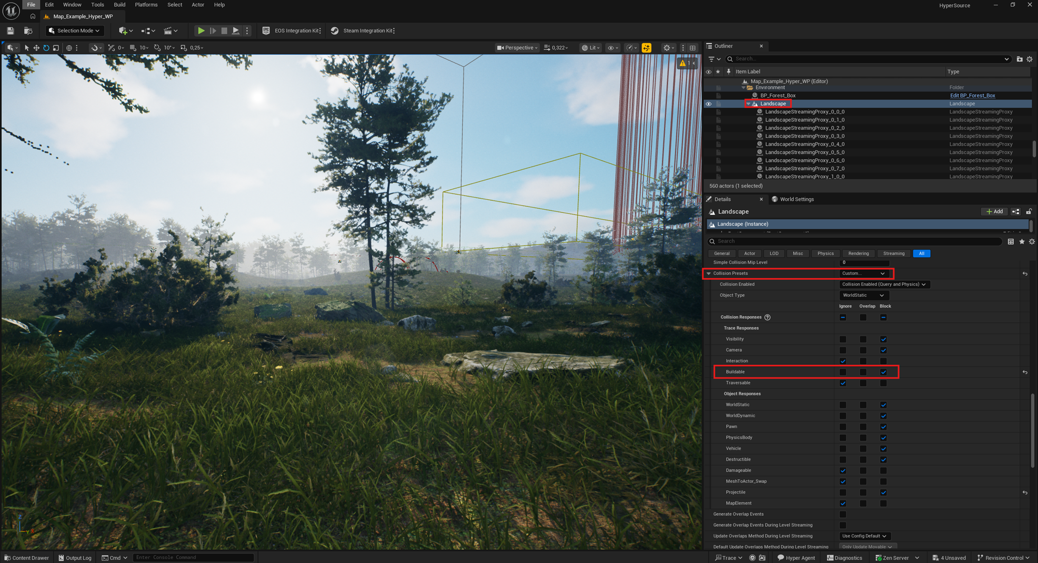 Landscape collision settings with Buildable trace set to Block
