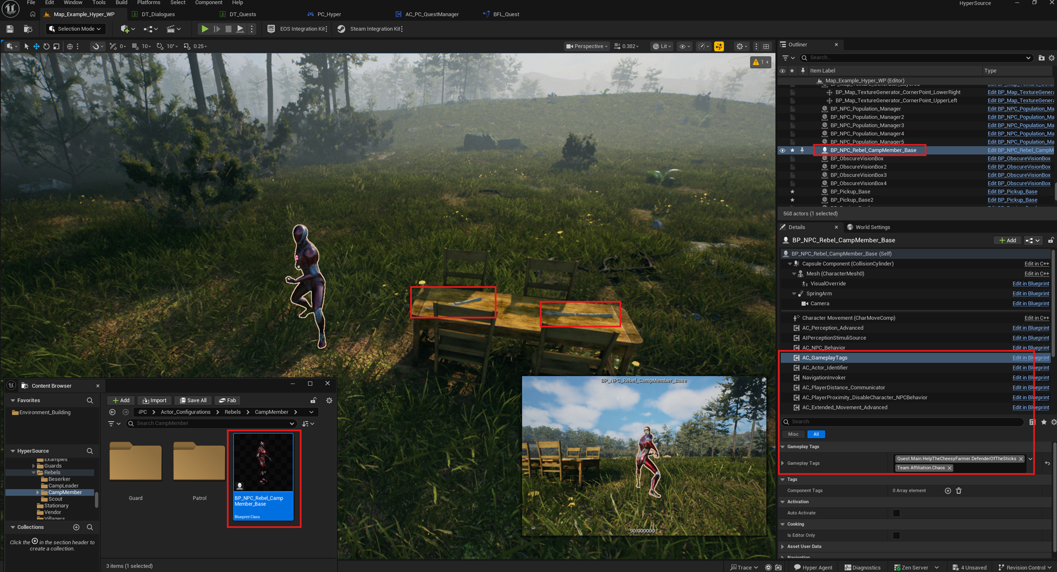 Defender NPC, table, and stick pickup actors placed in the world