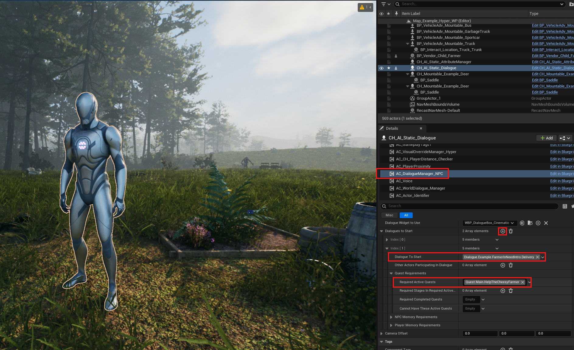 Delivery dialogue assigned to the Cheesy Farmer with active quest requirement