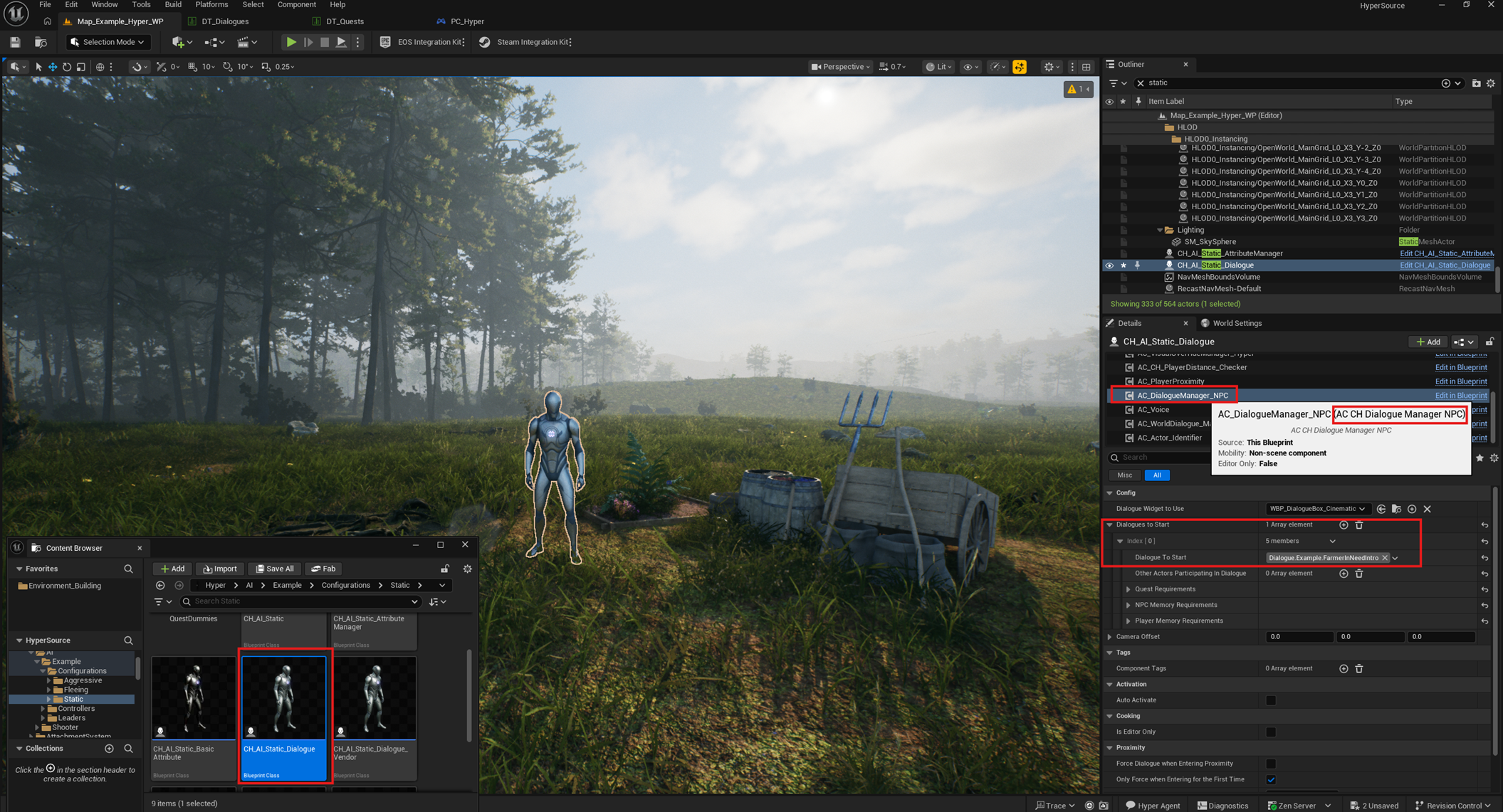 Dialogue Manager component with starting dialogue and visual override setup