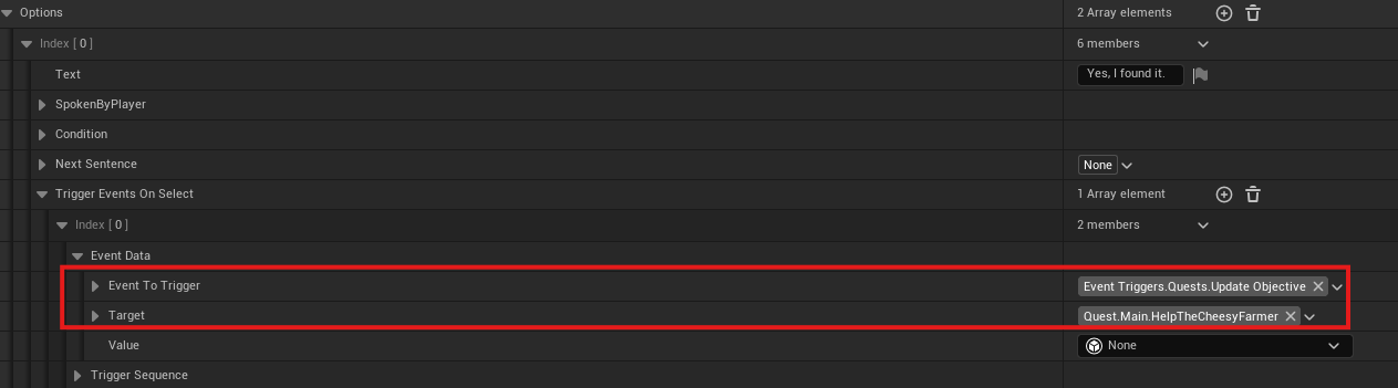 Dialogue option event updating the quest objective