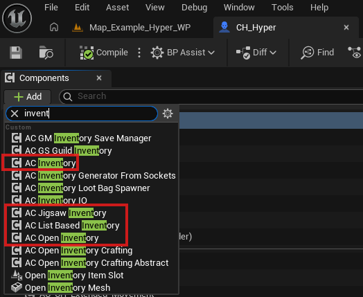 Inventory component assigned on the Character Blueprint