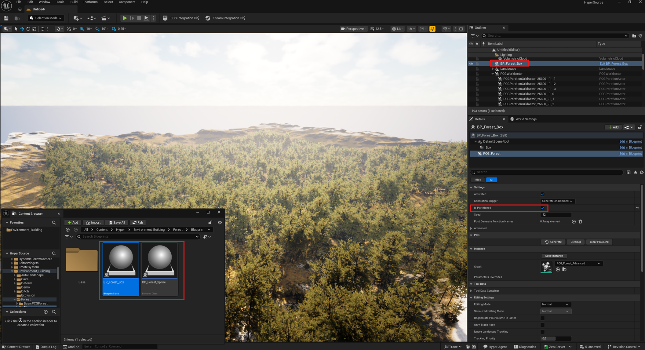 BP_Forest_Box placed in a world partition map with Is Partitioned enabled