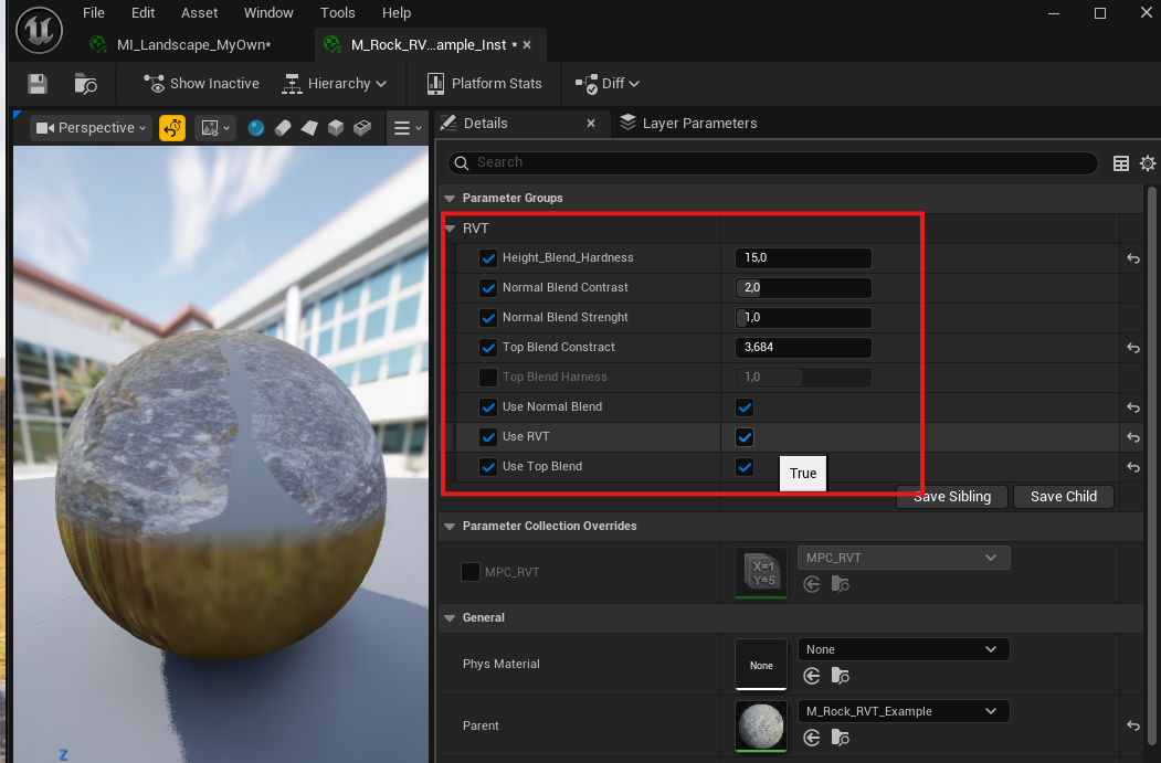 RVT settings in the material instance