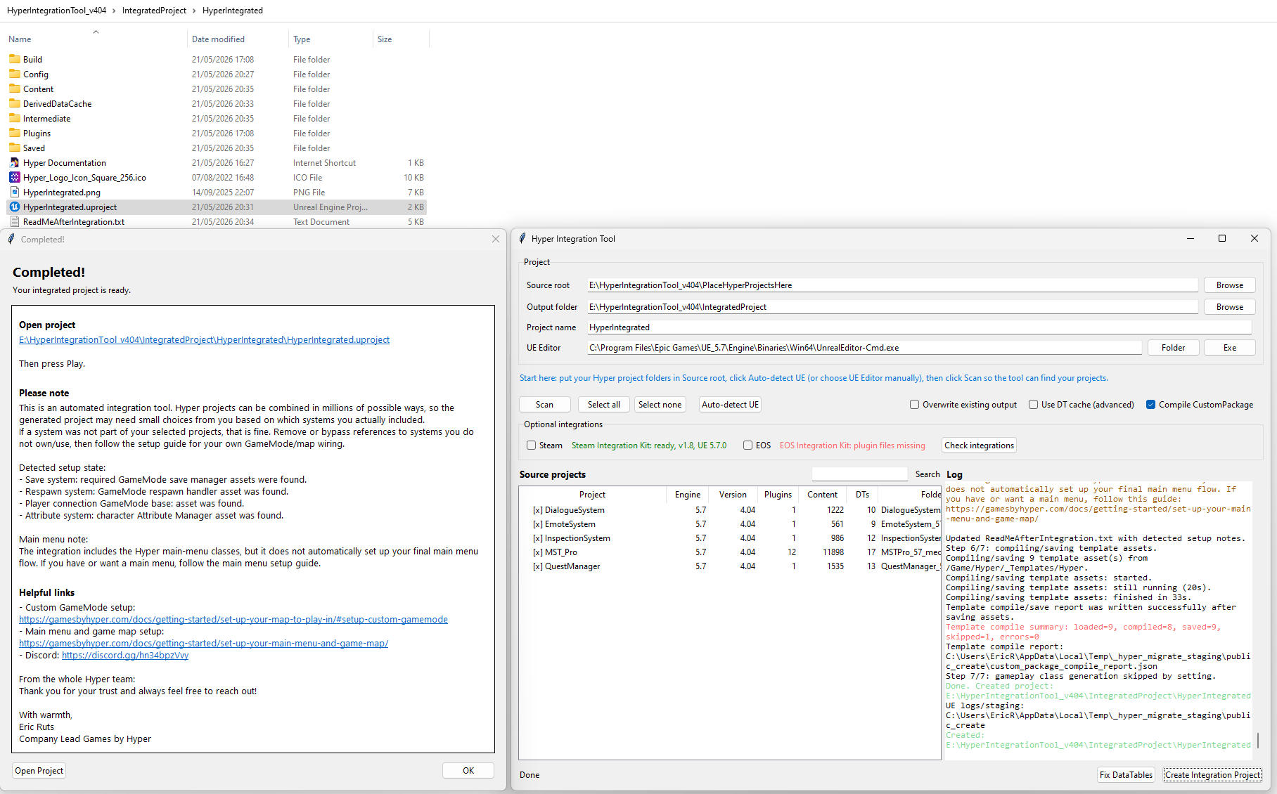 Hyper Integration Tool finished summary