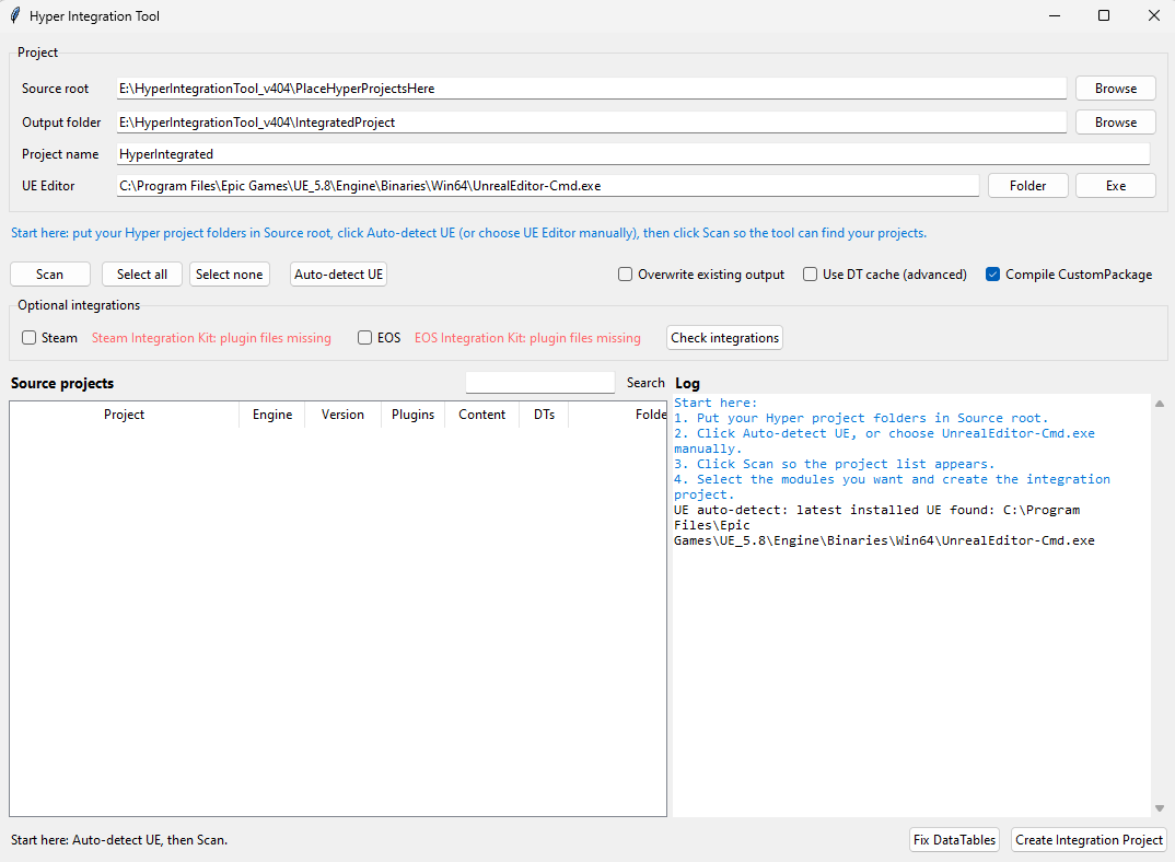 Hyper Integration Tool GUI with source root selected