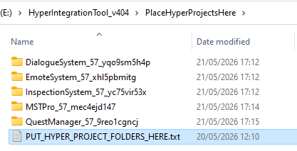 Hyper projects placed in the integration tool folder