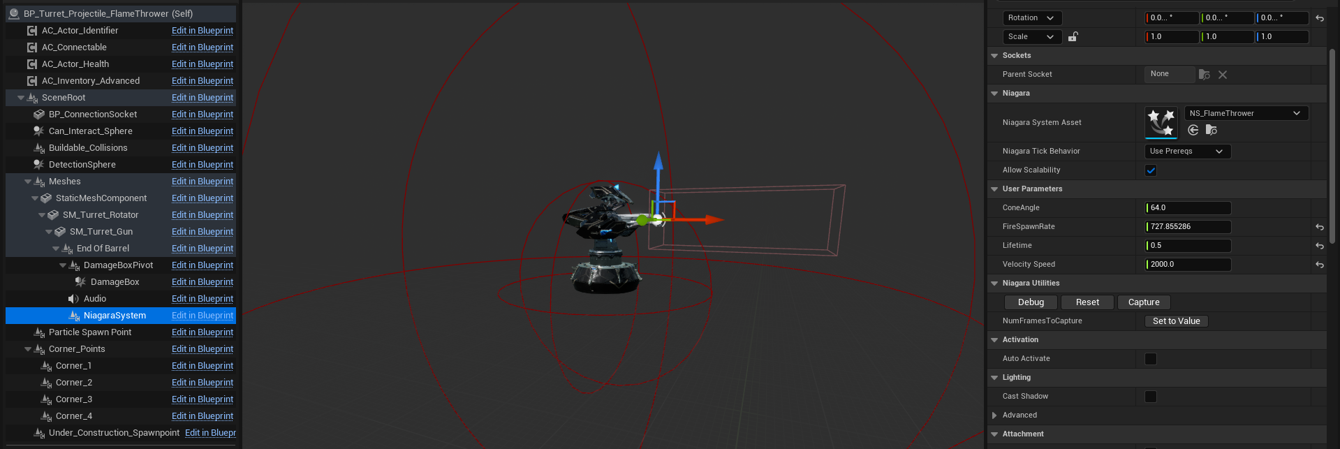 Flamethrower child configured with a flame Niagara system and a forward damage box screenshot