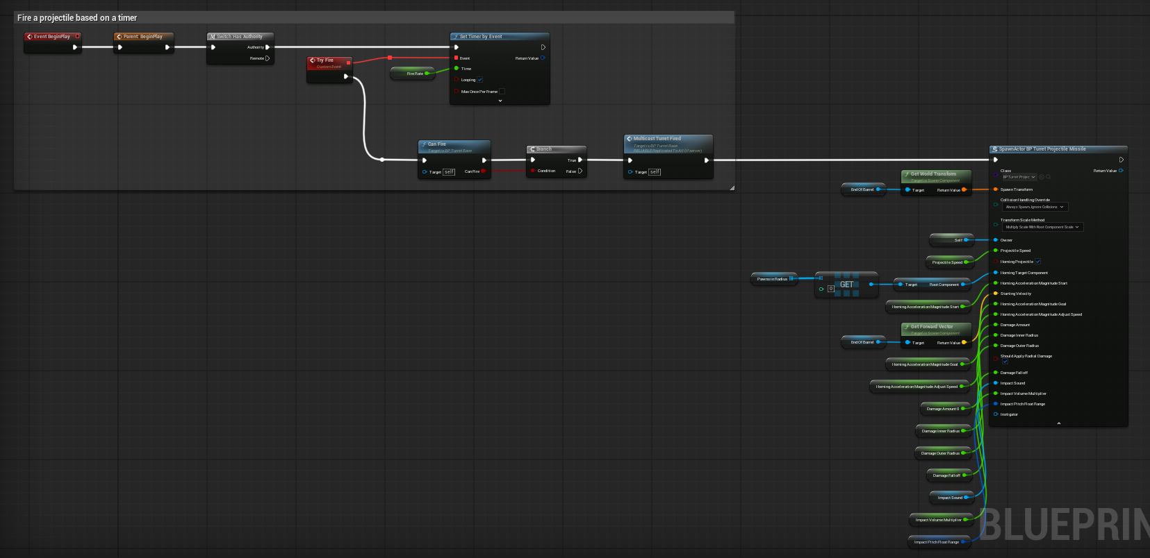 Projectile turret firing on a timer and spawning the missile projectile actor screenshot
